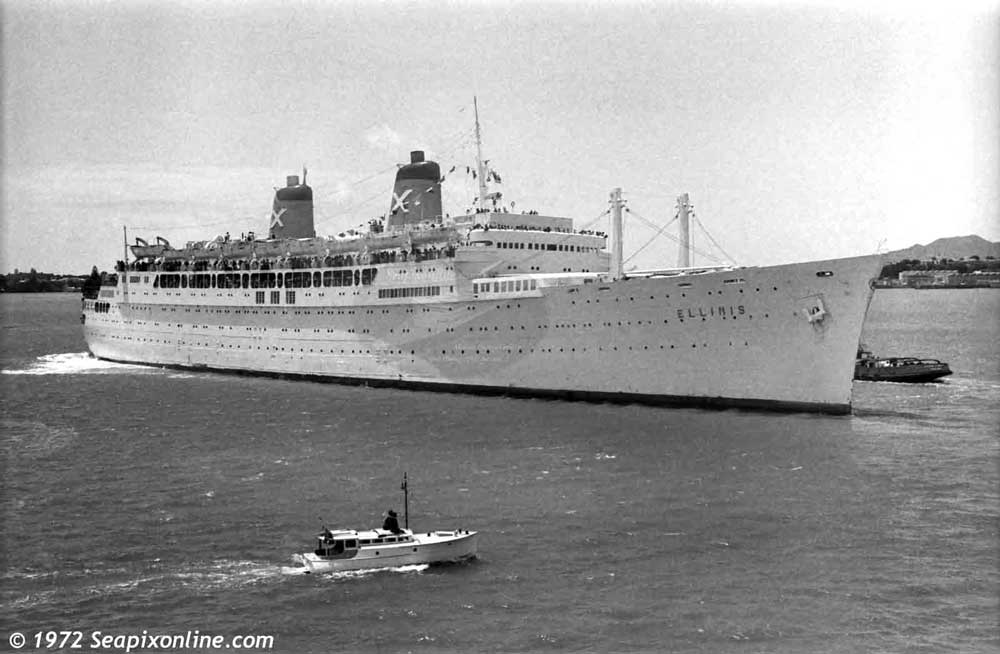 ELLINIS (1933/24315grt/IMO 5423790, ex-LURLINE) sailing from Auckland, New Zealand. ELLINIS was scrapped in Taiwan in 1986. 1971. Photo by SeapixOnline.com/Trevor Coppock